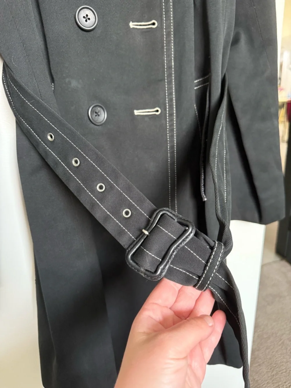 Vintage Banana Republic Black Cotton Trench Coat Contrast Stitch Belted L